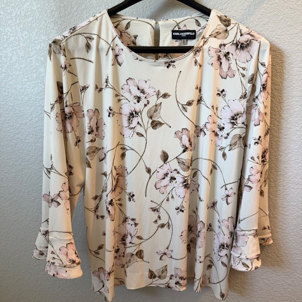 Karl Lagerfeld Paris Floral Ruffle Cuff Blouse Cream Pink XL LONH6815 LKPRV2376